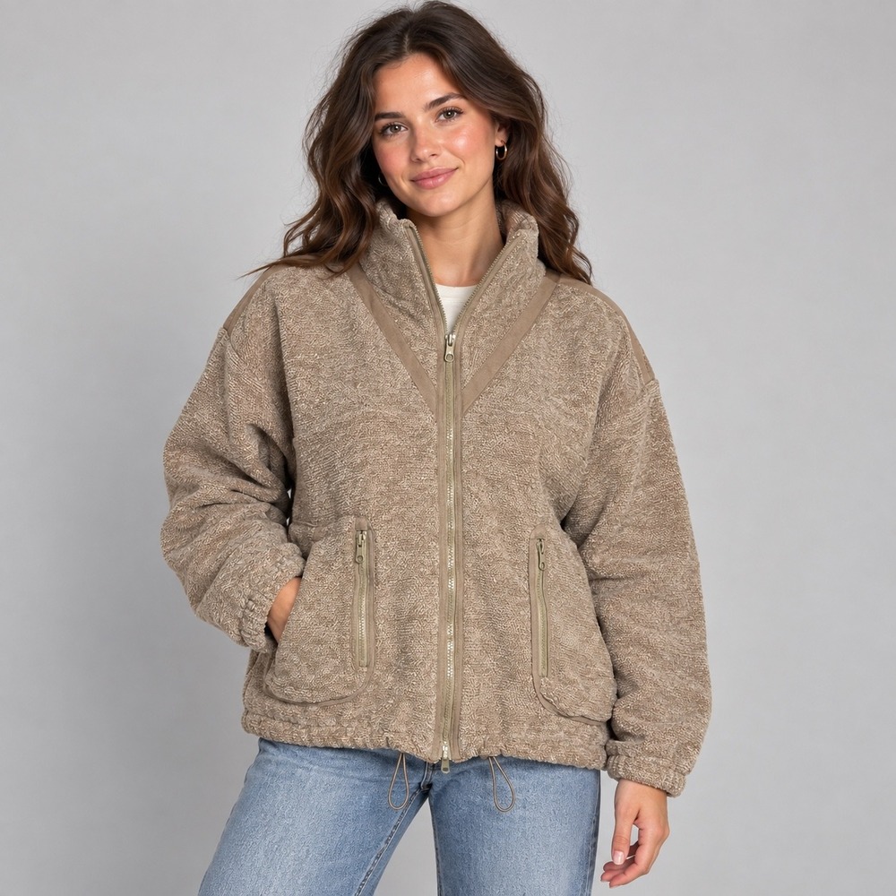 POL Jacket Womens Large Tan Waffle Chenille Knit Zip Up Boho Oversized Boxy Crop